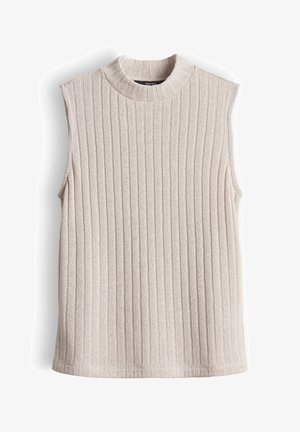 Beige mouwloze gebreide sweater-vest met ribbelstructuur en een hoge ronde hals, plat gelegd op een witte achtergrond.