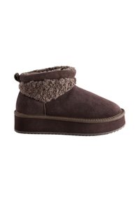 Brown suede ankle boot with thick platform sole and folded faux fur collar, side view on white background.