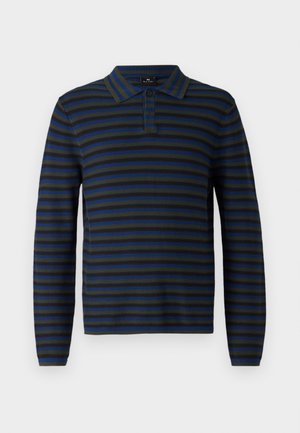 Long-sleeve polo shirt in dark green and navy blue stripes, featuring a classic collar and minimal button placket. Soft knit material.