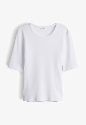 T-shirt blanc à manches courtes côtelé avec col rond, tissu léger et petite étiquette de marque à l'intérieur du col.