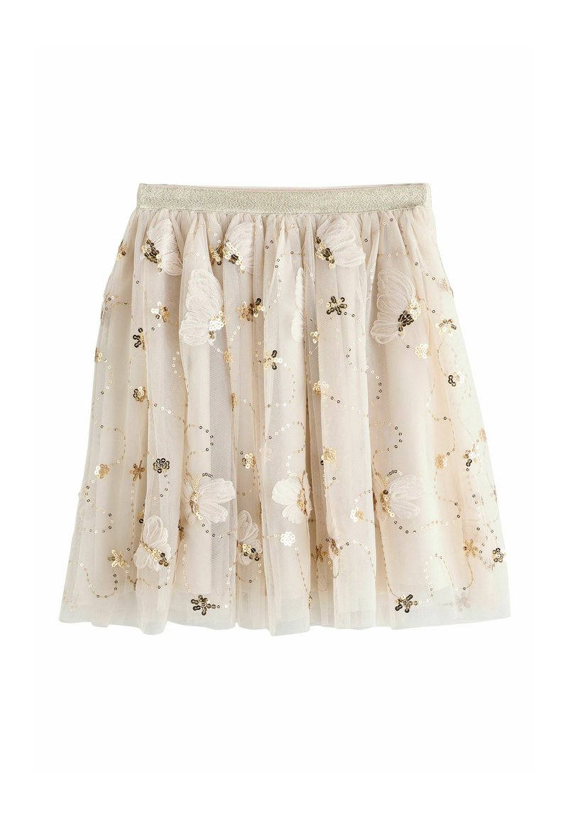 Hellbeiger Tüllrock mit goldenen Pailletten und bestickten Schmetterlingen. Mit einem gerafften, elastischen Bund für eine strukturierte Optik.