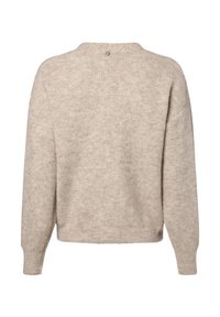 Beige Strickpullover mit lockerer Passform, rundem Halsausschnitt und langen Ärmeln. Weicher Stoff mit einem gerippten Muster und einem kleinen Knopfdetail hinten.
