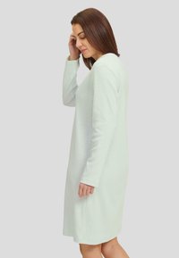 Vestido de manga larga en un suave verde menta con un patrón de espiga texturizado, que presenta un escote redondo y una silueta recta y relajada.