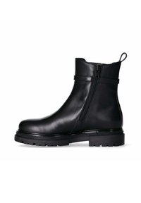 Schwarze Leder-Ankle-Boots mit runder Zehenpartie, seitlichem Reißverschluss und strukturiertem Gummisohle. Mit einer Schlaufe an der Rückseite und minimalen Nähdetails.