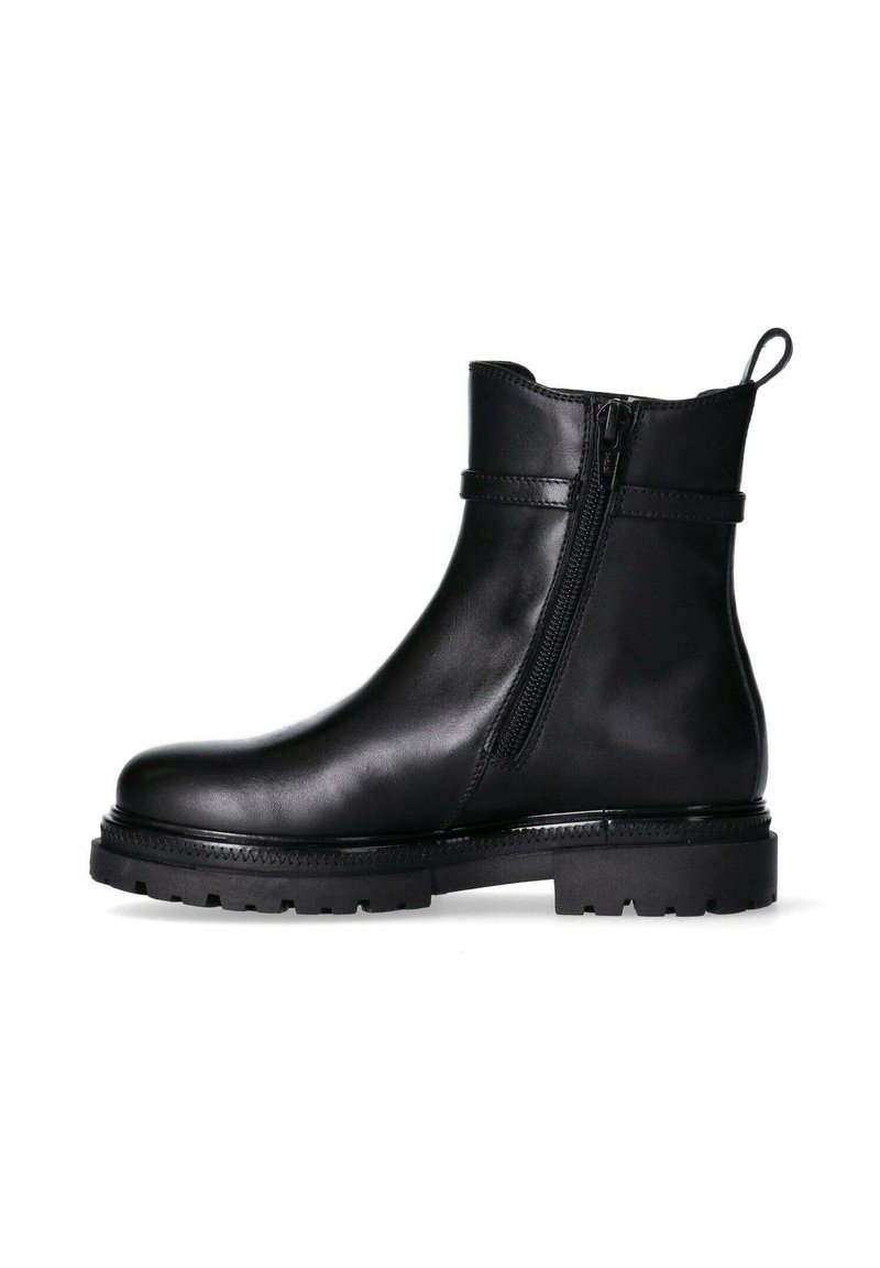 Schwarze Leder-Ankle-Boots mit runder Zehenpartie, seitlichem Reißverschluss und strukturiertem Gummisohle. Mit einer Schlaufe an der Rückseite und minimalen Nähdetails.