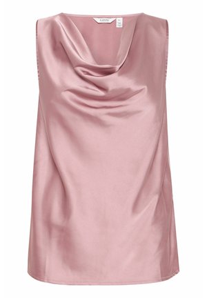 Top sin mangas en suave satén rosa, con un escote drapeado y una textura suave, con un ajuste ligeramente holgado y un dobladillo redondeado.