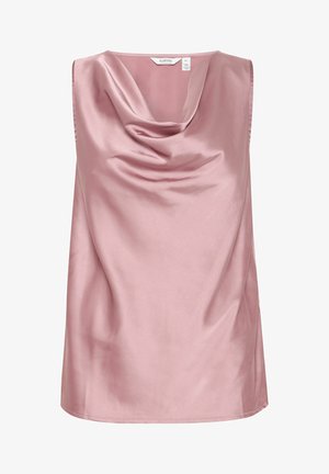 Sleeveless top in soft pink satin, featuring a draped cowl neckline and a smooth texture, with a slightly loose fit and rounded hem.