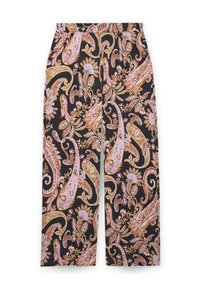 Kalhoty s širokými nohavicemi z černé látky s květinovým paisley vzorem v odstínech růžové, zlaté a krémové. Elastický pás, lehká textura.