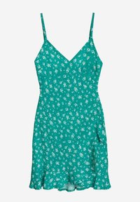 Groene bloemenjurk met dunne verstelbare bandjes, V-hals, een uitlopende zoom en een lichte stof versierd met kleine witte bloemen.