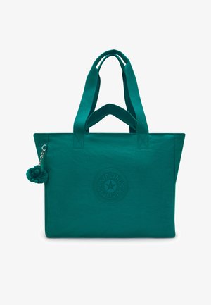 Sac fourre-tout Kipling bleu sarcelle avec deux jeux de poignées et un petit porte-clés en peluche attaché sur le côté.