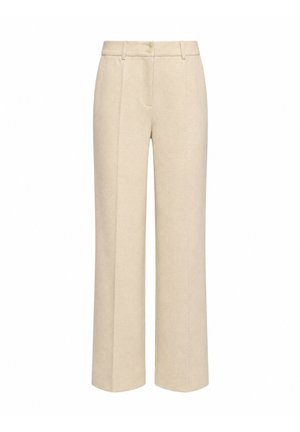 Beige broek met hoge taille en rechte pijpen, met riemlussen, knoop aan de voorkant en een verborgen ritssluiting, gemaakt van een zachte stof.