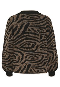 Pulover maro și negru cu un model texturat de zebra, umeri lăsați, și mansete cu benefit, cu guler rotund și croială lejeră.