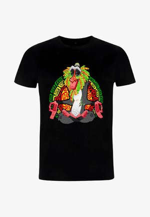 Czarny t-shirt z kolorową grafiką siedzącego bawolina z wielokolorowymi włosami i geometrycznymi wzorami w kolorze czerwonym, zielonym i żółtym.