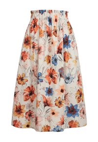 Helebeežilt seelik elastse vööümbrisega, mis on kaunistatud suurte oranži, sinise ja kollase lillemustrite ning mustade õrna oksa detailidega.