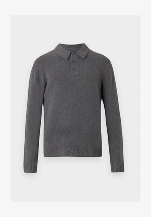 Grijze trui met kraag, drie-knopen placket en lange mouwen. Heeft ribgebreide boorden en onderzoom, gemaakt van zachte stof.