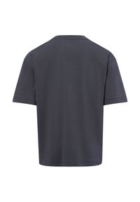 Kurzärmliges, dunkelgraues T-Shirt aus weicher Baumwolle, mit einem einfachen runden Ausschnitt und geradem Saum. Keine sichtbaren Muster oder Akzente.
