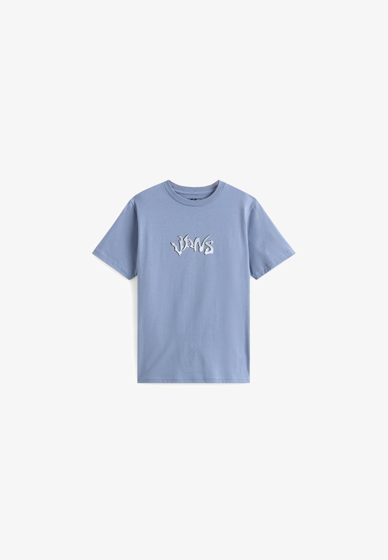 Jasnoniebieska koszulka z krótkim rękawem, wykonana z miękkiej bawełny, z białym logo graficznym na przodzie, z użyciem stylizowanej czcionki.