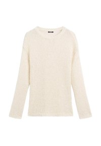 Sweter dziewiarski w kolorze kremowym, z okrągłym dekoltem, długimi rękawami, luźnym krojem oraz frędzlami przy dolnym wykończeniu i mankietach.