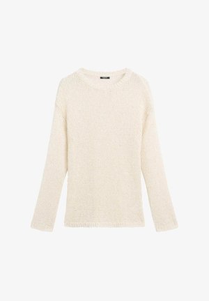 Gehaakte trui in crème, met een ronde halslijn, lange mouwen, een losse pasvorm en franjerand aan de onderkant en bij de manchetten.