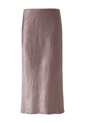 Gonna a metà lunghezza stropicciata in mauve neutro, caratterizzata da un design semplice e una superficie liscia. Senza decorazioni, con una silhouette dritta.