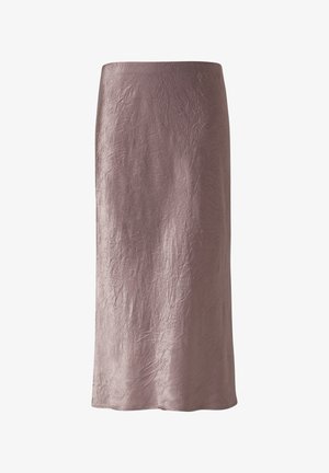 Gonna a metà lunghezza stropicciata in mauve neutro, caratterizzata da un design semplice e una superficie liscia. Senza decorazioni, con una silhouette dritta.