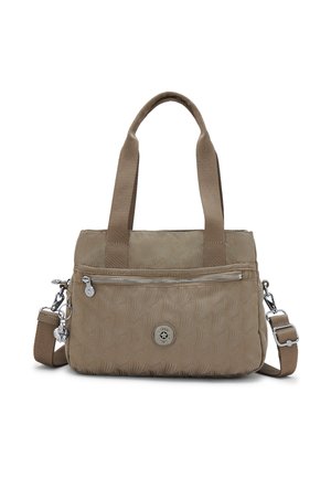 Beige handtas met gestructureerde stof, korte handvatten, voorvak met ritssluiting, afneembare schouderriem en ronde metalen logo-embleem.