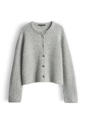 Gray knitted cardigan with a rounded neckline, cropped length, and five dark buttons down the front. Textured, soft material with a loose fit.