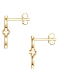 Zelta toni stud auskari ar ķēdes posmu dizainu, kas ietver gludas, pulētas virsmas un apaļus akcentus. Droša aizmugurējā aizdare.