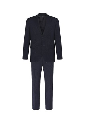 Donker marineblauw herenset bestaande uit een tweedelig pak met een enkelrijig colbert, notch-revers, twee voorzakken en bijpassende rechte broek.