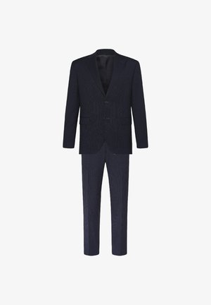 Donker marineblauw herenset bestaande uit een tweedelig pak met een enkelrijig colbert, notch-revers, twee voorzakken en bijpassende rechte broek.
