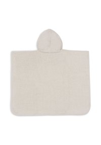 Beige capuchonponcho van zachte badstof; rechthoekige vorm met een centrale capuchon en geen zichtbare patronen of beslag.