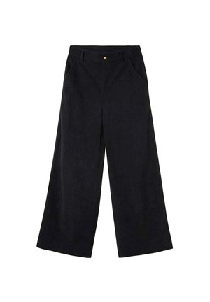 Pantalones anchos negros hechos de una tela suave, con cierre de botón, dos bolsillos delanteros y un acabado liso y texturizado.