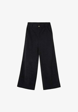 Pantalones anchos negros hechos de una tela suave, con cierre de botón, dos bolsillos delanteros y un acabado liso y texturizado.