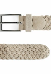 Beige mockasinskärp med vävt mönster och ett silvermetallspänne med rektangulär form, präglad logotypdetalj på lädret.