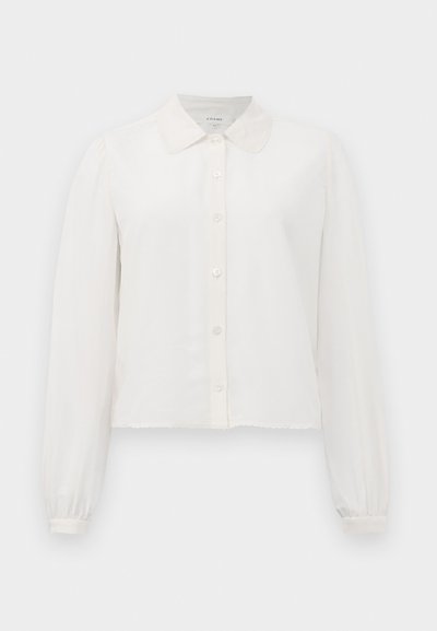 White, long-sleeve button-up shirt with a scalloped collar and elasticized cuffs. Smooth texture and cropped design.