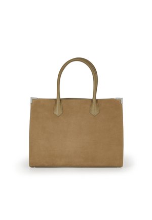 Sac cabas rectangulaire en cuir grainé, avec double poignée supérieure et coins en métal argenté.