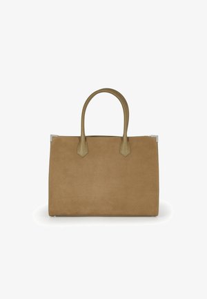 Tan rectangular tote handbag with pebbled texture, double top handles, and silver metal corner accents.
