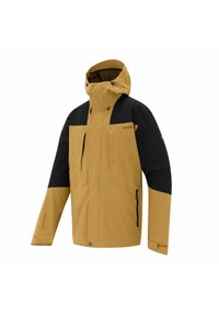 Veste d'extérieur beige et noire avec capuche, poches zippées sur la poitrine et les côtés, poignets ajustables et col montant.