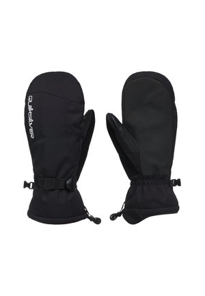 Pair of black winter mittens with adjustable wrist straps and elastic cuffs, one showing a textured palm and the other a logo on the back.