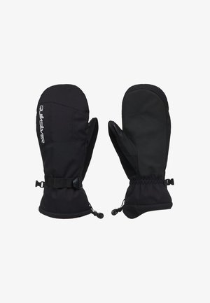 Pair of black winter mittens with adjustable wrist straps and elastic cuffs, one showing a textured palm and the other a logo on the back.