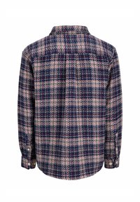 Ilgų rankovių languota palaidinė tamsiai mėlynos, baltos ir rožinės spalvų. Yra struktūrizuota apykaklė, mygtukų rankogaliai ir nugaros dalyje dygsnio detalė.