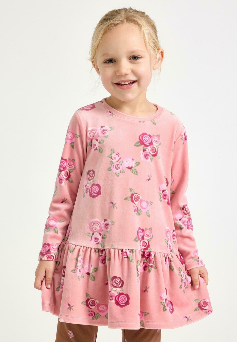 Long-sleeve pink dress in soft, velvety fabric with a flared bottom. Features scattered rose patterns in shades of pink and green.