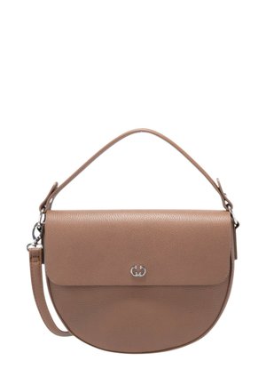 Runde, dunkelbraune Leder-Handtasche mit strukturierter Oberfläche, silbernem Logo und abnehmbarem Schulterriemen. Verfügt über einen Klappenverschluss und eine halbkreisförmige Form.