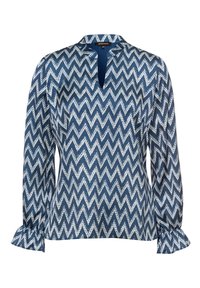 Marineblauwe blouse met lange mouwen, voorzien van een wit zigzagpatroon, een notch-kraag en gathered cuffs. Gemaakt van een soepele stof met een lichte textuur.