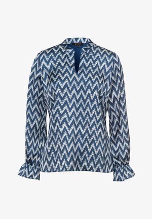 Blusa blu navy a maniche lunghe con motivo a zigzag bianco, colletto a gola a V e polsini arricciati. Realizzata in un tessuto liscio con una texture leggera.