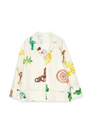 Bavlnená košeľová bunda, krémová základňa s farebnými ilustráciami ovocia, zelených kaktusov a vírivých vzorov. Lepený golier, zapínanie na gombíky.