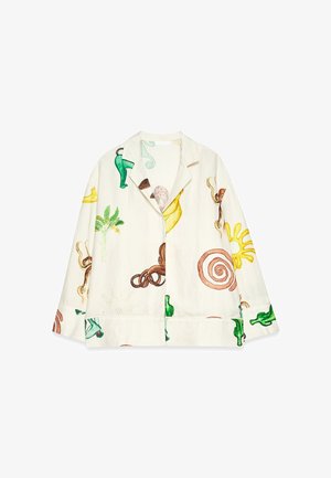 Baumwollhemdjacke, cremige Basis mit bunten Illustrationen von Früchten, grünen Kakteen und wirbelnden Mustern. Mit Reverskragen und Knopfleiste.