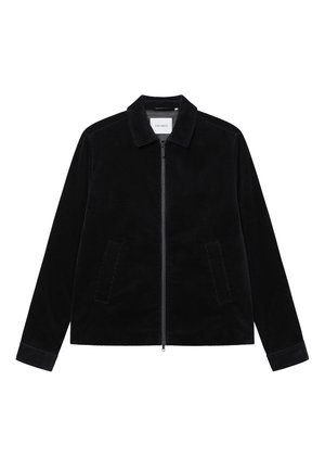 Veste en velours côtelé noire avec fermeture éclair intégrale à l'avant, deux poches latérales, manches longues et un col.