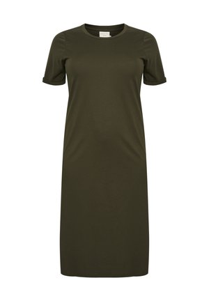 Olivovo zelené šaty z jemného a elastického materiálu, so zaobleným výstrihom a krátkymi rukávmi, s rolovanými manžetami a rovnou siluetou.