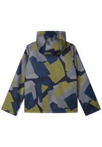 Bunda s kapucí z materiálu s mesh strukturou, zdobená geometrickým vzorem v námořnické modři, šedé a limetkově zelené barvě. Volný střih s dlouhými rukávy.